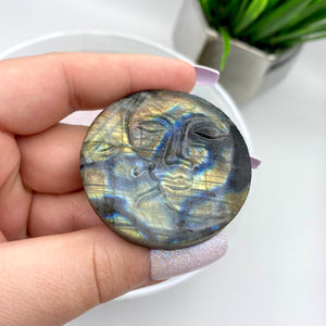 Labradorite Moon/Sun Carving w/ Flash
