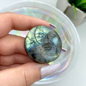 Labradorite Moon/Sun Carving w/ Flash